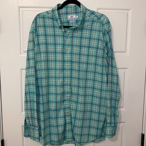 Southern Pride Performance Button Up Teal Orange Plaid